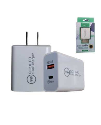 VC-CARGADOR CARGA RAPIDA DE PARED 18W 1 PUERTO USB TIPO C 1 PUERTO USB TIPO A