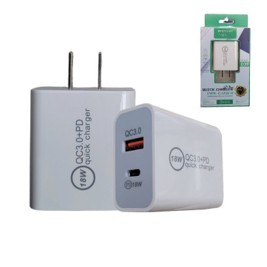 VC-CARGADOR CARGA RAPIDA DE PARED 18W 1 PUERTO USB TIPO C 1 PUERTO USB TIPO A