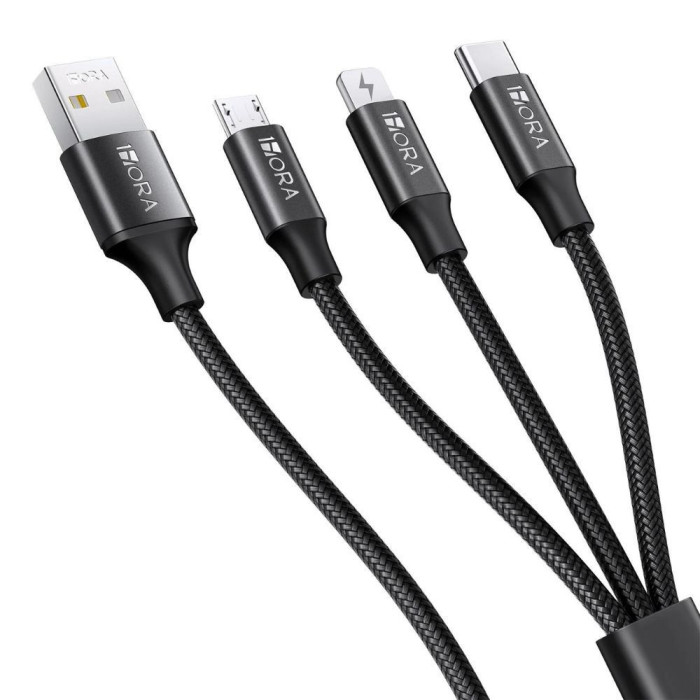 1H-CAB259N CABLE USB 2.0 3 EN 1 V8 / TIPO C / IPHONE 2.1A L-1M NEGRO