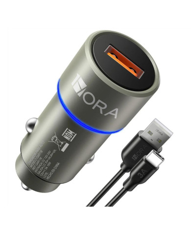 1H-GAR116 COMBO CARGADOR PARA AUTO TIPO C QC 18W CABLE L-1M GRIS