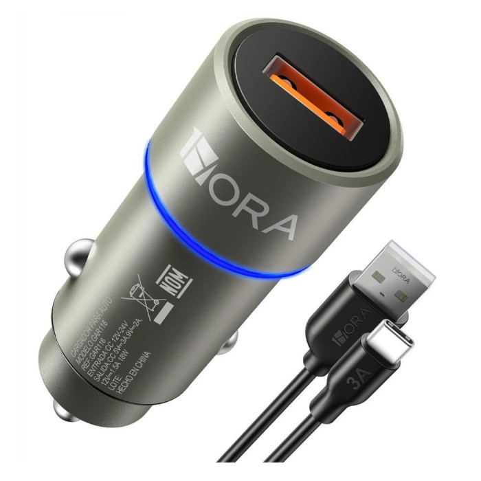 1H-GAR116 COMBO CARGADOR PARA AUTO TIPO C QC 18W CABLE L-1M GRIS