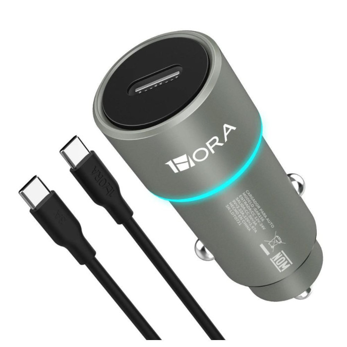 1H-GAR156 COMBO CARGADOR PARA AUTO TIPO C PD CABLE L-1M GRIS