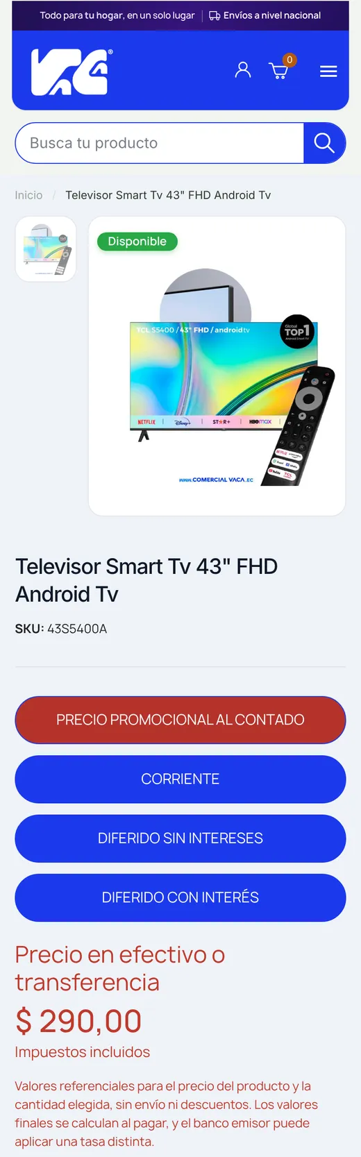Comercial Vaca, ficha de producto, en celular
